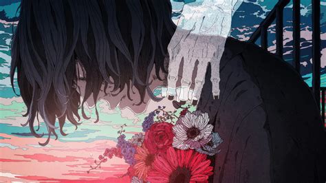 Anime Boy Crying Alone Flowers 4K #2490j Wallpaper PC Desktop