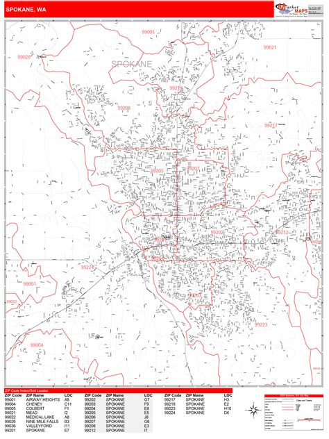 Spokane Washington Zip Code Wall Map (Red Line Style) by MarketMAPS - MapSales