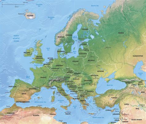 Map of Europe continent political with shaded relief | Avrupa, Şekil