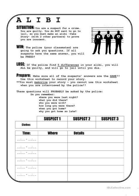 Alibi worksheet - Free ESL printable worksheets made by teachers | Brain teasers for kids ...