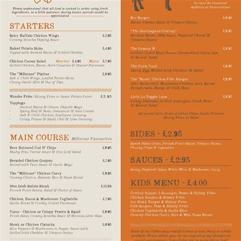 Menu at The Millstone restaurant, Omagh