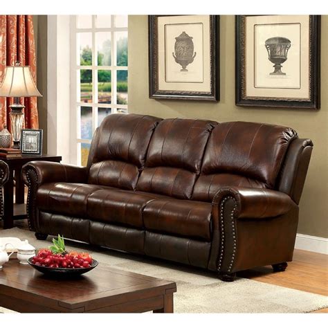 Furniture of America Garry Transitional Leather Sofa in Brown