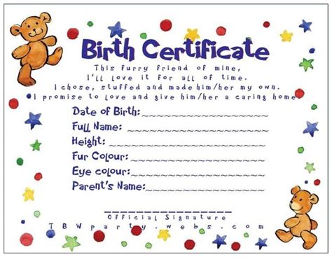 a birth certificate with a teddy bear on the front and stars in the back,