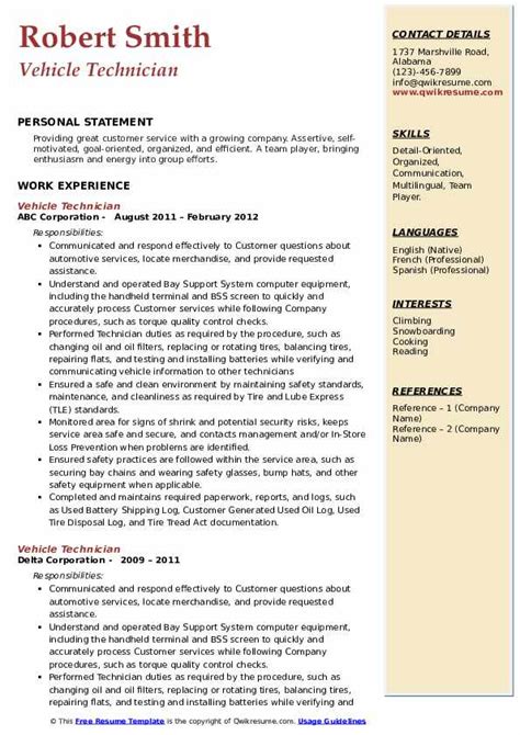 Vehicle Technician Resume Samples | QwikResume