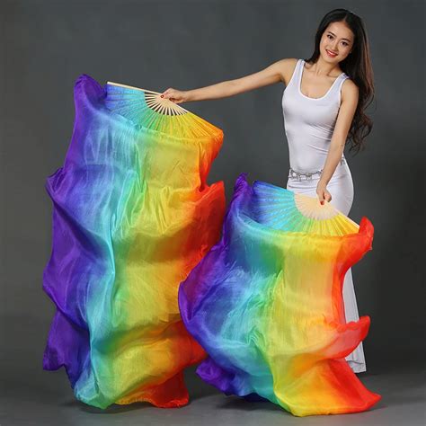 2018 New 100% Silk Stage Performance Props Dance Silk Fans 180cm Vertical Colors Belly Dance ...