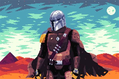 a pixel art image of a man with a helmet and armor standing in the desert