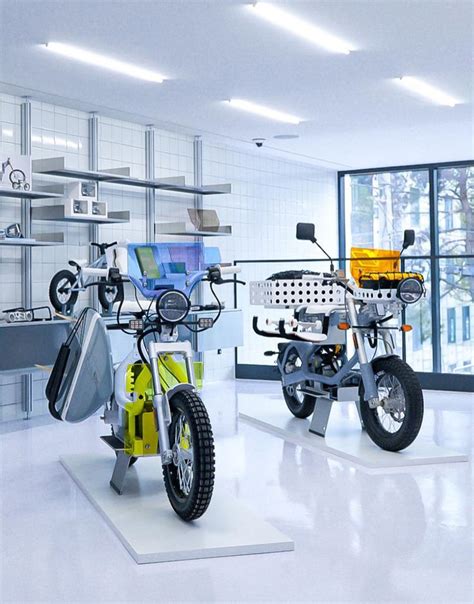 two motorcycles are on display in a room with white tile flooring and ...