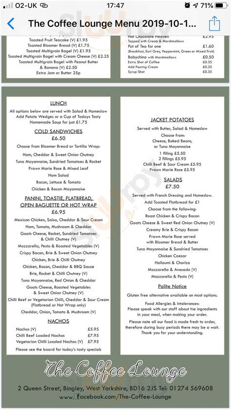 The Coffee Lounge menù, Bingley - Main Menu | Sluurpy