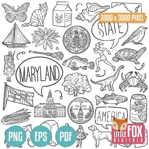 MARYLAND State Symbols. American State Clipart. Baltimore Frederick Rockville Icons Doodle ...