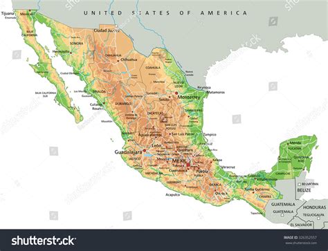 High Detailed Mexico Physical Map Labeling Stock Vector 326352557 - Shutterstock