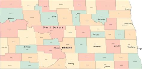 Multi Color North Dakota Map with Counties, Capitals, and Major Cities