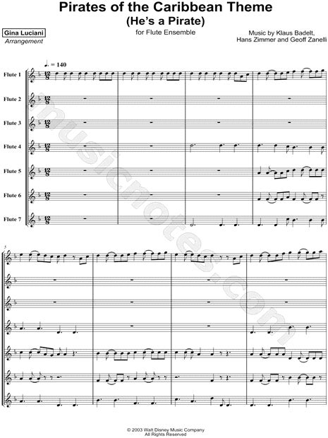 Gina Luciani "Pirates of the Caribbean Theme - Flute Ensemble" Sheet Music in D Minor - Download ...