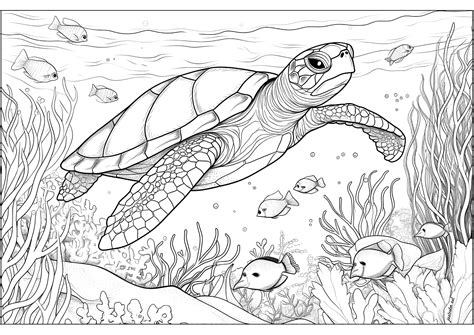 Sea turtle with seaweed and fish - Turtle & Tortoise Coloring Pages for ...