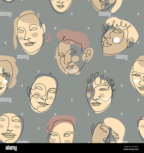 Seamless pattern with one single line drawings of female face and abstract shapes Stock Vector ...