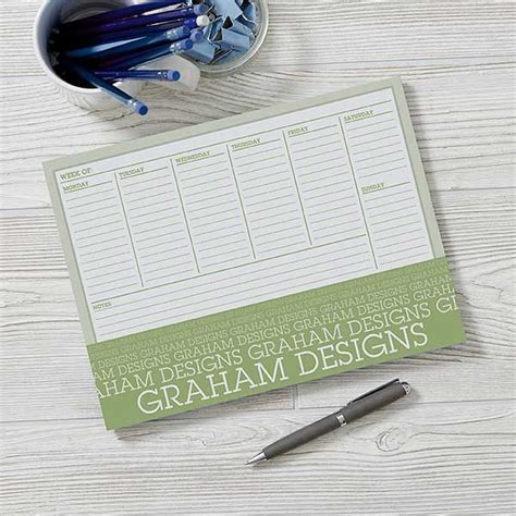 Personalize with any name and choice of color Single 52-sheet weekly calendar padMeasures 8.5" H ...