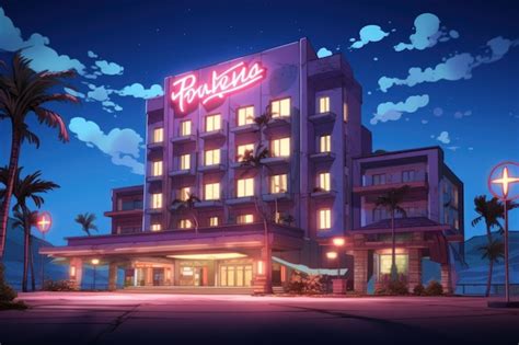 Premium Photo | Hotel night view anime visual novel game Urban travel Generate Ai