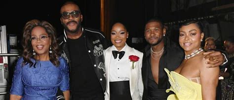 LOS ANGELES, CALIFORNIA - MARCH 16: (L-R) Oprah Winfrey, Tyler Perry, Keke Palmer, Usher and ...