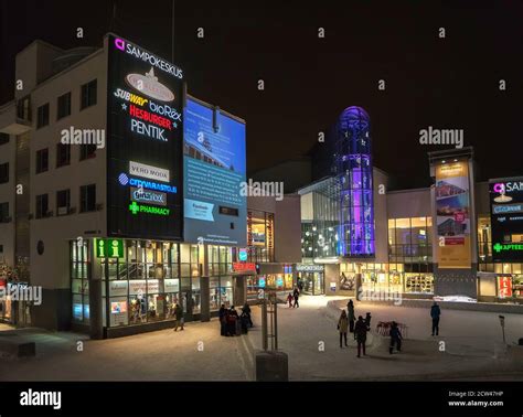 A shopping center in Rovaniemi city, Finland, Lapland in winter evening. Christmas and New Year ...