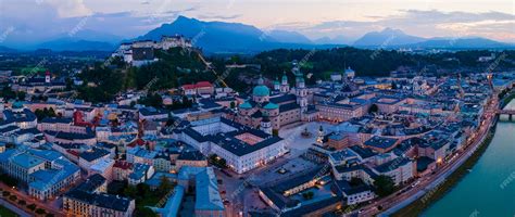 Premium Photo | Beautiful aerial drone panorama of salzburg city in austria during night view of ...