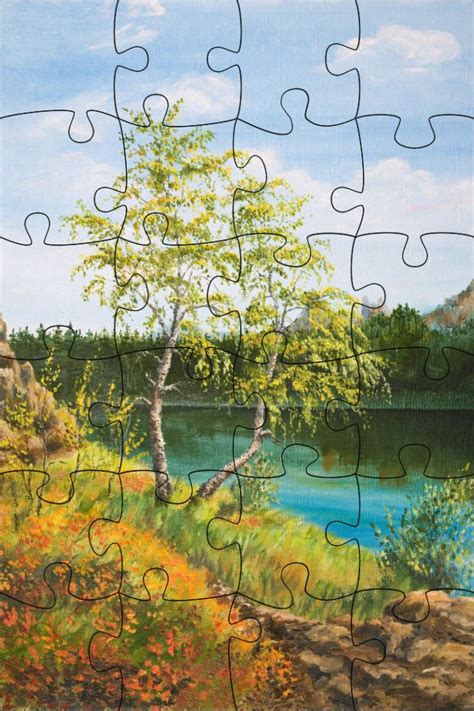 a painting of a lake with trees and flowers in the foreground, surrounded by jigsaw puzzle pieces