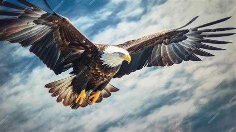 Premium AI Image | A bald eagle flies in the sky with the sky behind it.