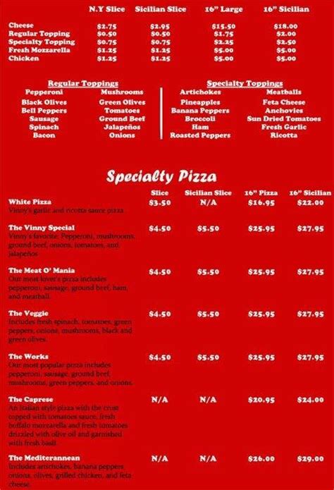 Vinny's New York Pizza Menu - Urbanspoon/Zomato