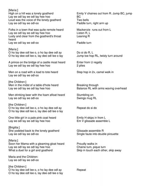 [Maria:] High on a hill was a lonely goatherd Lay ee odl lay ee odl ...