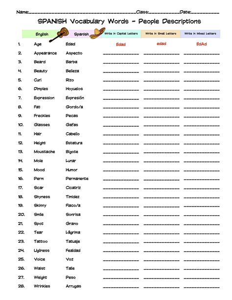 Spanish People Descriptions Vocabulary Word List Column Worksheet ...