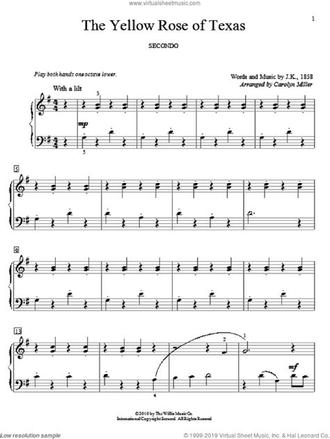 The Yellow Rose Of Texas sheet music for piano four hands [PDF]