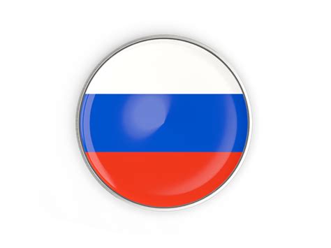 Round button with metal frame. Illustration of flag of Russia