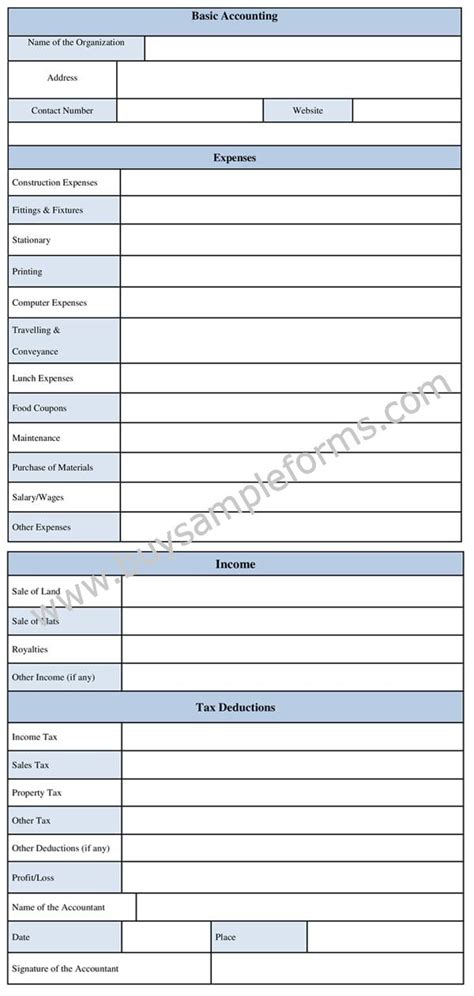 Printable Basic Accounting Form Template for Small Business