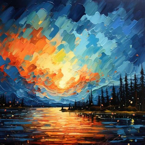 Premium AI Image | a painting of a sunset over a lake