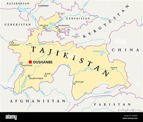 Tajikistan political map with capital Dushanbe, national borders ...