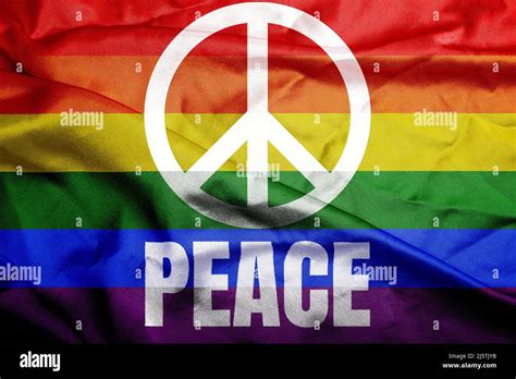 Rainbow flag with word "peace" and peace sign Concept of world peace ...