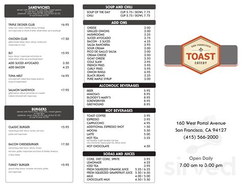 Toast eatery menu in San Francisco, California, USA