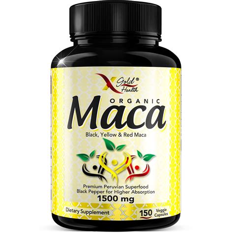 X Gold Health Organic Maca Root Powder Capsules Black, Yellow & Red Maca Pills 1500 mg, 150 ...