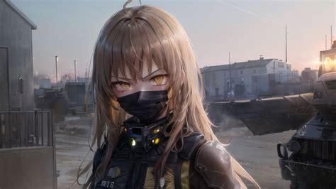 Brown Hair Anime Girl With Mask Weapons Military Black Dress Sky ...