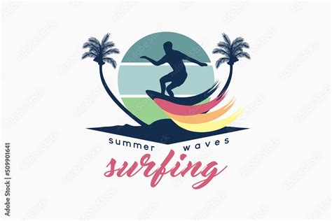 Surf logo, outdoor summer logo with silhouette concept of people ...