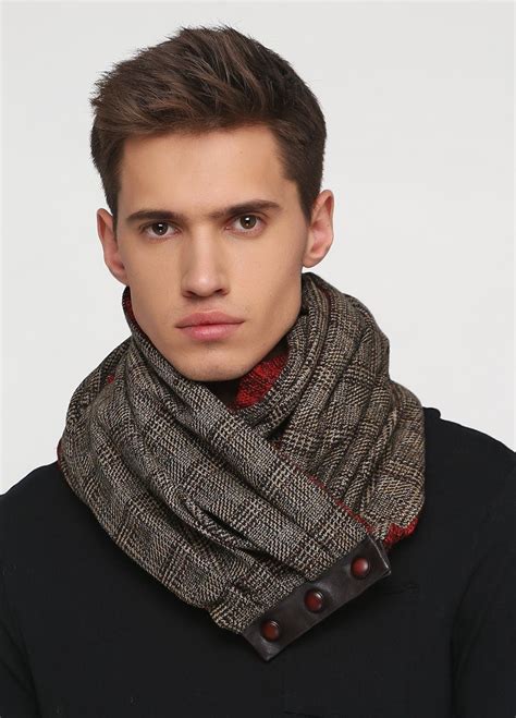 Man Wool Scarf Brown Wool Scarf Winter Scarf With Snaps Plaid Mens Warm ...