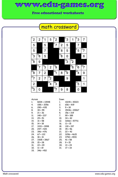 Math Crossword Puzzles With Answers Pdf - Maths For Kids