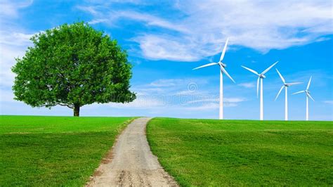 Renewable Energy with Wind Turbines in Green Hill. Ecology Environmental Background for ...