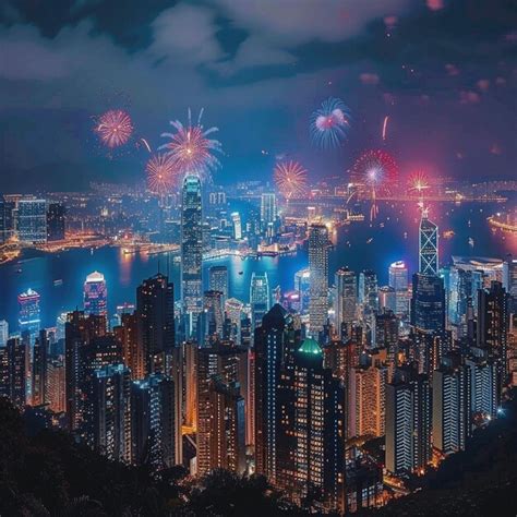 Premium Photo | Night Sky Illuminated Lunar New Year Fireworks Over Hong Kong Skyline