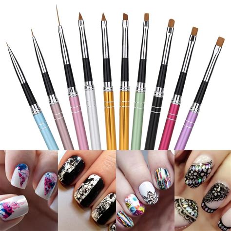 10Pcs/lot Nail Art Brush Set 10 Colors Different Sizes Copper Handle Design Polish Nylon UV Gel ...