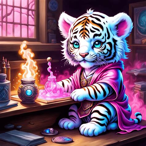 Cute White Tiger Cub apprentice witch playing with pink energy - AI Generated Artwork ...