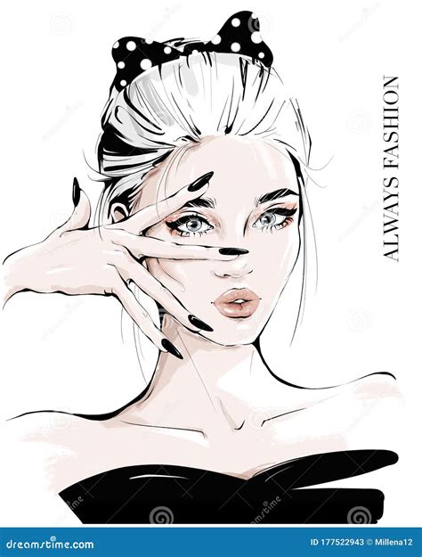 Hand Drawn Young Woman with Hand Near Face. Fashion Girl with Spotted ...