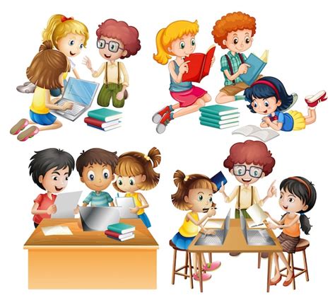 Premium Vector | Groups of students reading and working on computer