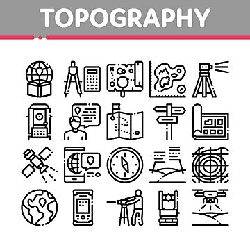 Topographie Vector Hd Images, Topography Research Collection Icons Set Vector, Station, Worker ...