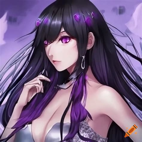 Digital art of a woman with long black hair in a dark purple dress on Craiyon