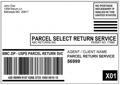 Shows a Parcel Return Services label addressed to a return bulk mail center.