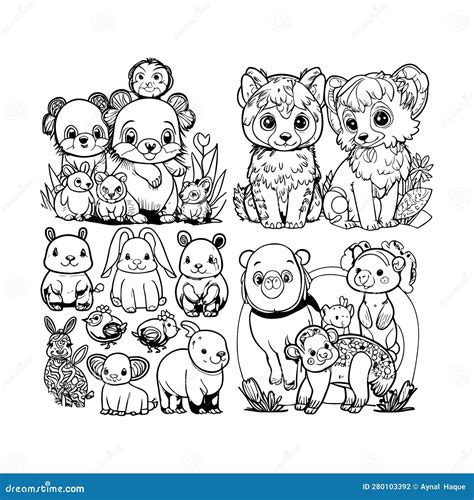 Cute Baby Animals Coloring Pages Line Art Vector Stock Photo - Image of mascot, prinntable ...